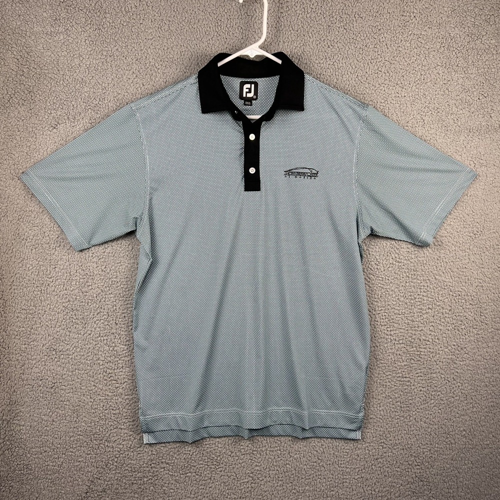 FootJoy Golf Polo Sz Medium Turquoise Blue & White Retro Check Pattern S/S